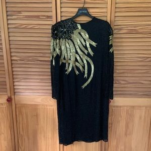 JasDee designer silk dress 80’s black hand beaded formal gown 14W wedding guest